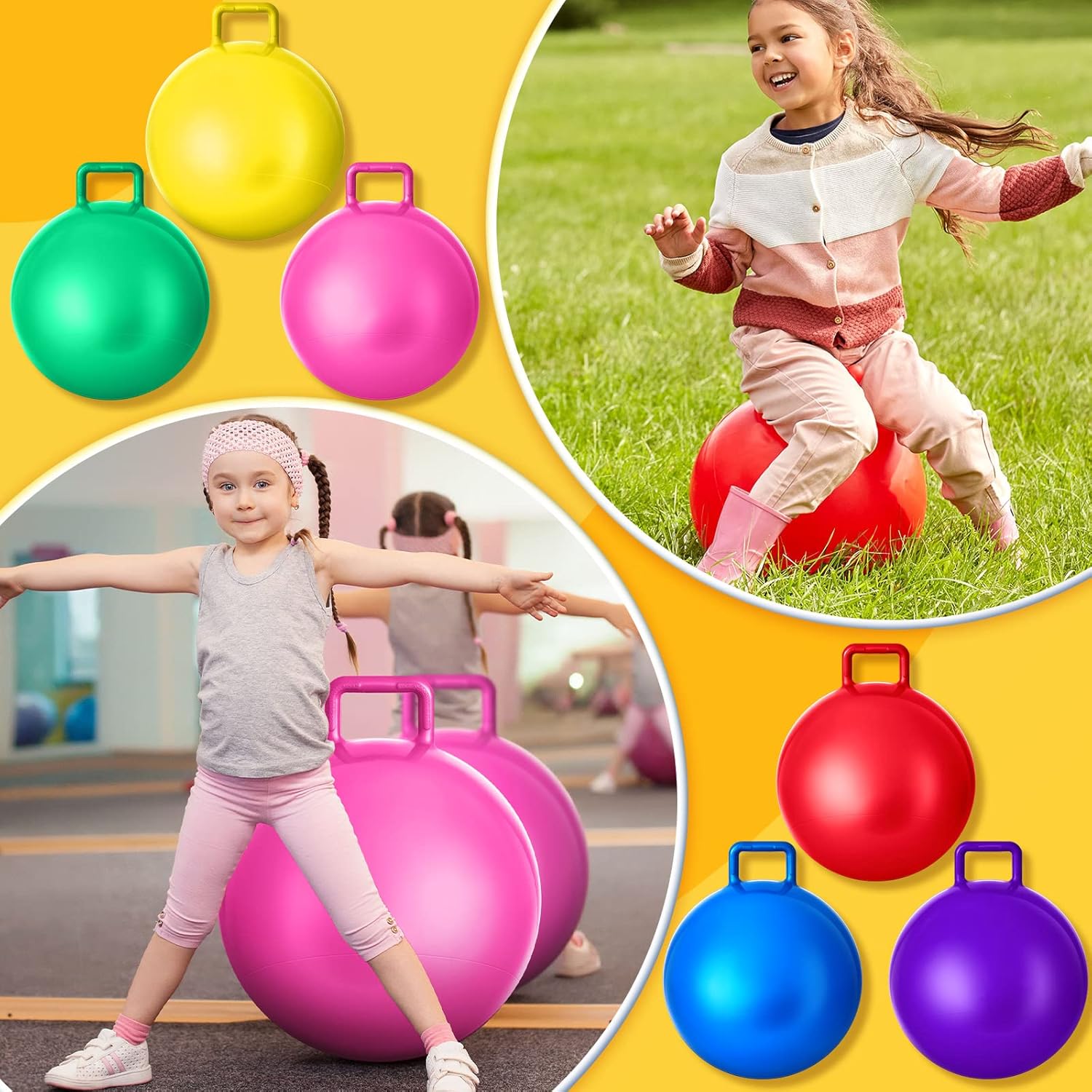 Lewtemi 6 Pcs Hopper Ball Carnival Outdoor Games 20 Inch Jumping Hopping Inflatable Bouncing Ball with Handle and Air Pump for Kids Sport Exercise (Red, Blue, Green, Pink, Yellow, Purple) - Image 7