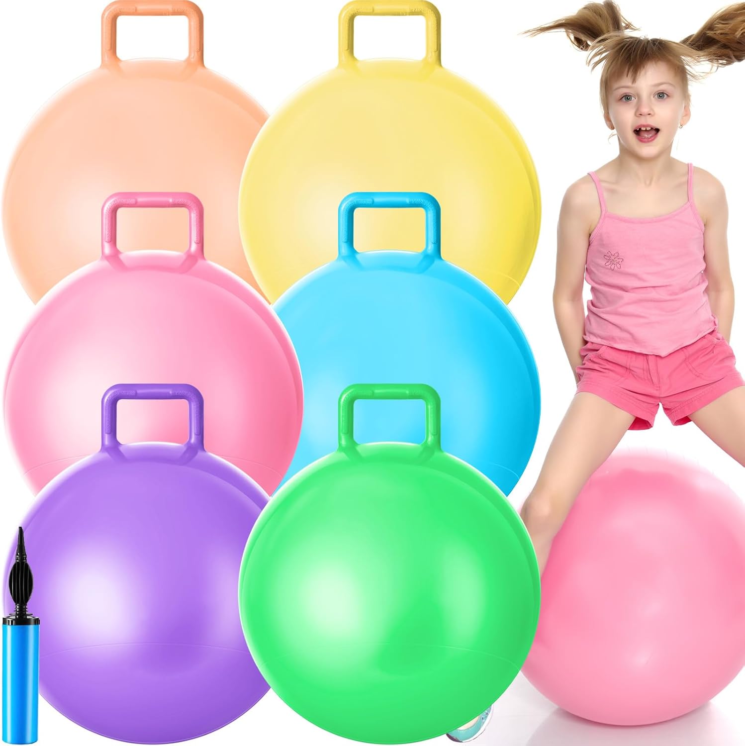 Lewtemi 6 Pcs Hopper Ball Carnival Outdoor Games 20 Inch Jumping Hopping Inflatable Bouncing Ball with Handle and Air Pump for Kids Sport Exercise (Red, Blue, Green, Pink, Yellow, Purple) - Image 13