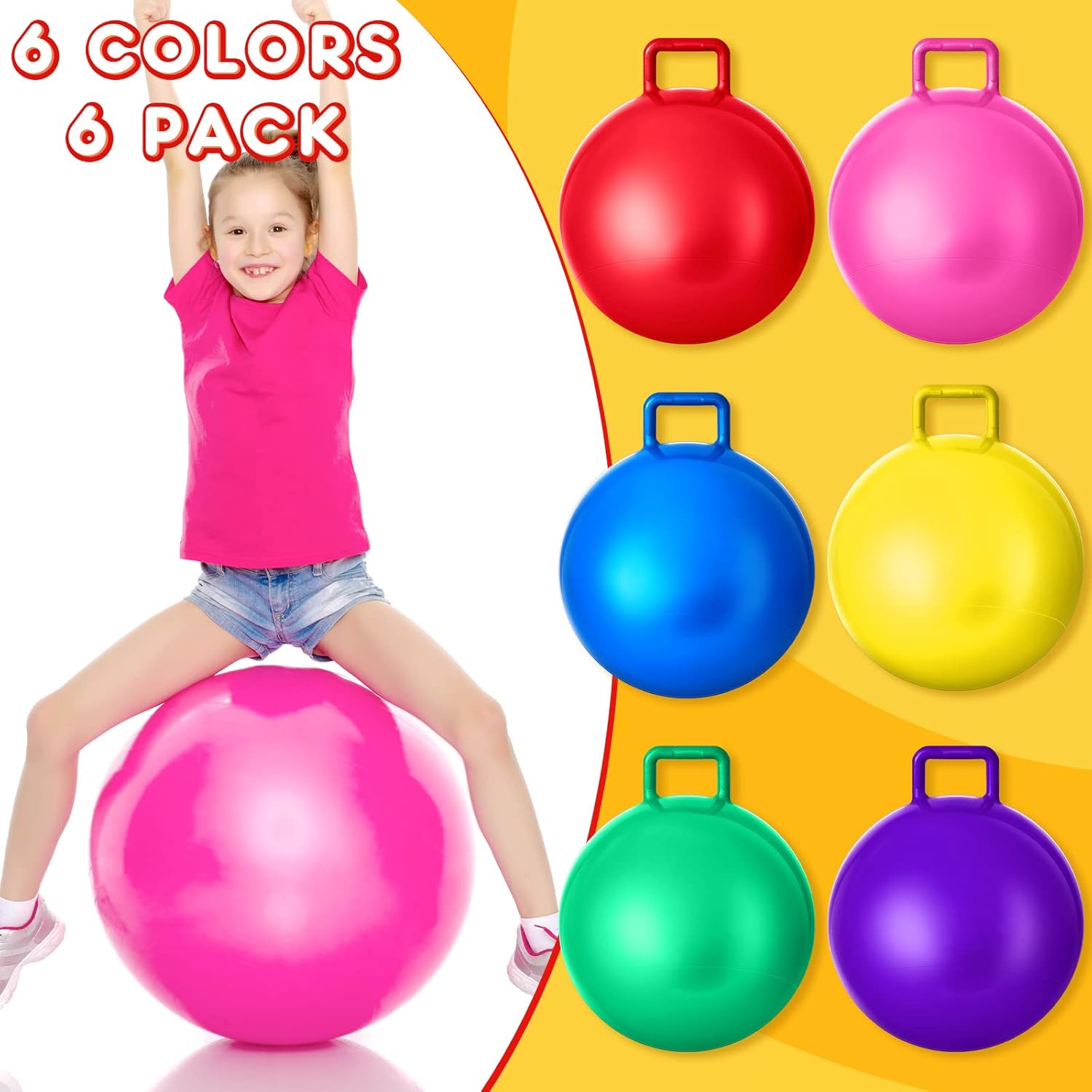 Lewtemi 6 Pcs Hopper Ball Carnival Outdoor Games 20 Inch Jumping Hopping Inflatable Bouncing Ball with Handle and Air Pump for Kids Sport Exercise (Red, Blue, Green, Pink, Yellow, Purple) - Image 3