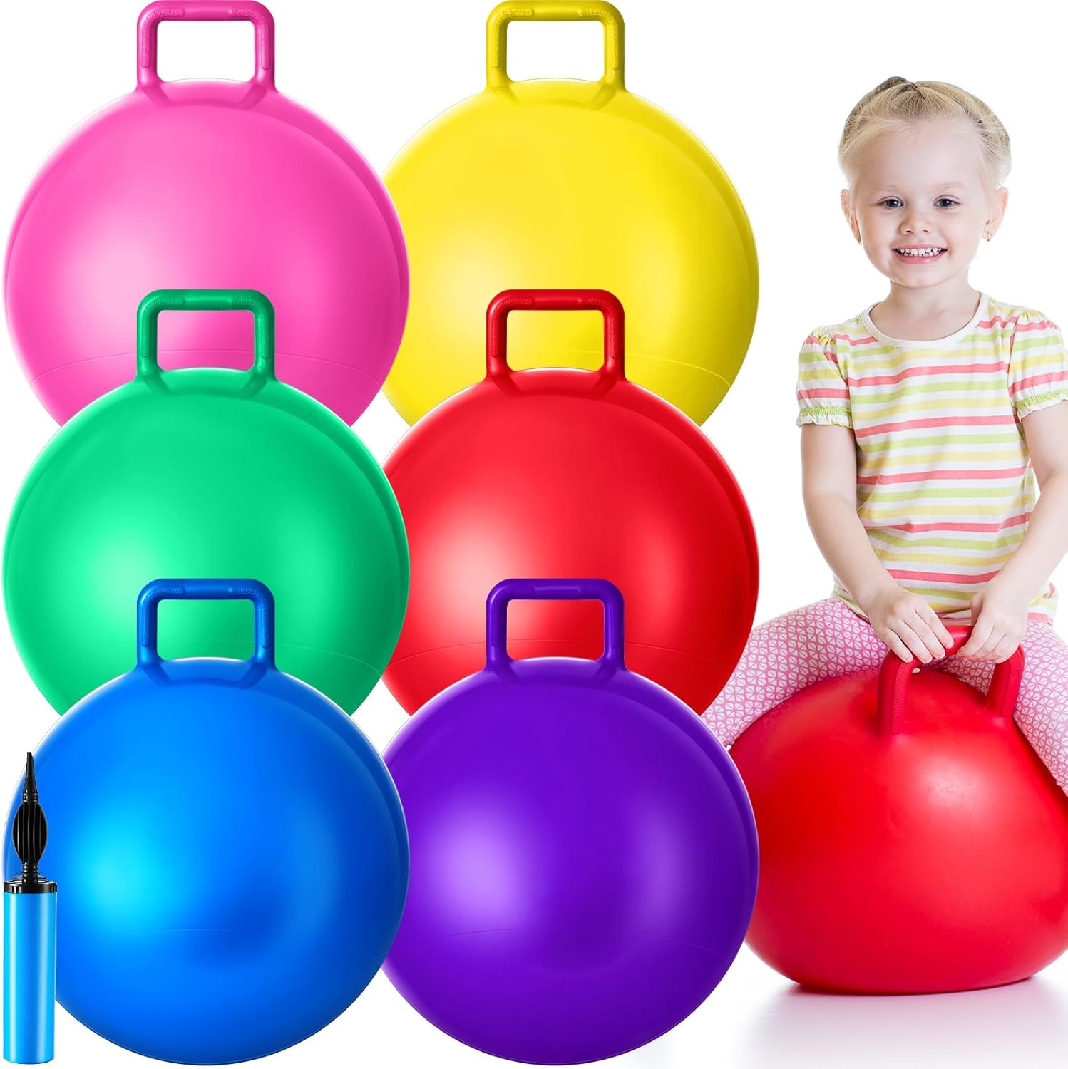 Lewtemi 6 Pcs Hopper Ball Carnival Outdoor Games 20 Inch Jumping Hopping Inflatable Bouncing Ball with Handle and Air Pump for Kids Sport Exercise (Red, Blue, Green, Pink, Yellow, Purple) - Image 12