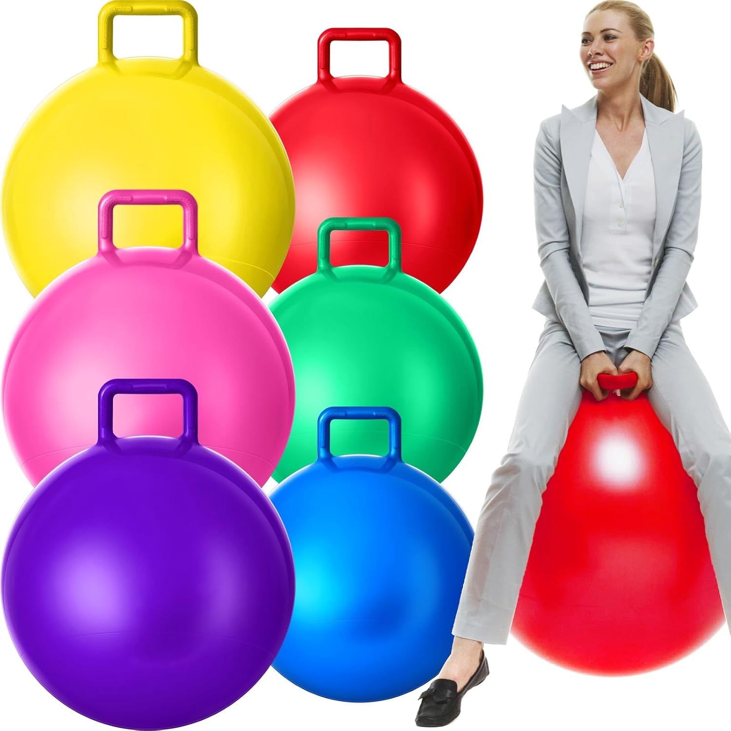 Lewtemi 6 Pcs Hopper Ball Carnival Outdoor Games 20 Inch Jumping Hopping Inflatable Bouncing Ball with Handle and Air Pump for Kids Sport Exercise (Red, Blue, Green, Pink, Yellow, Purple) - Image 14