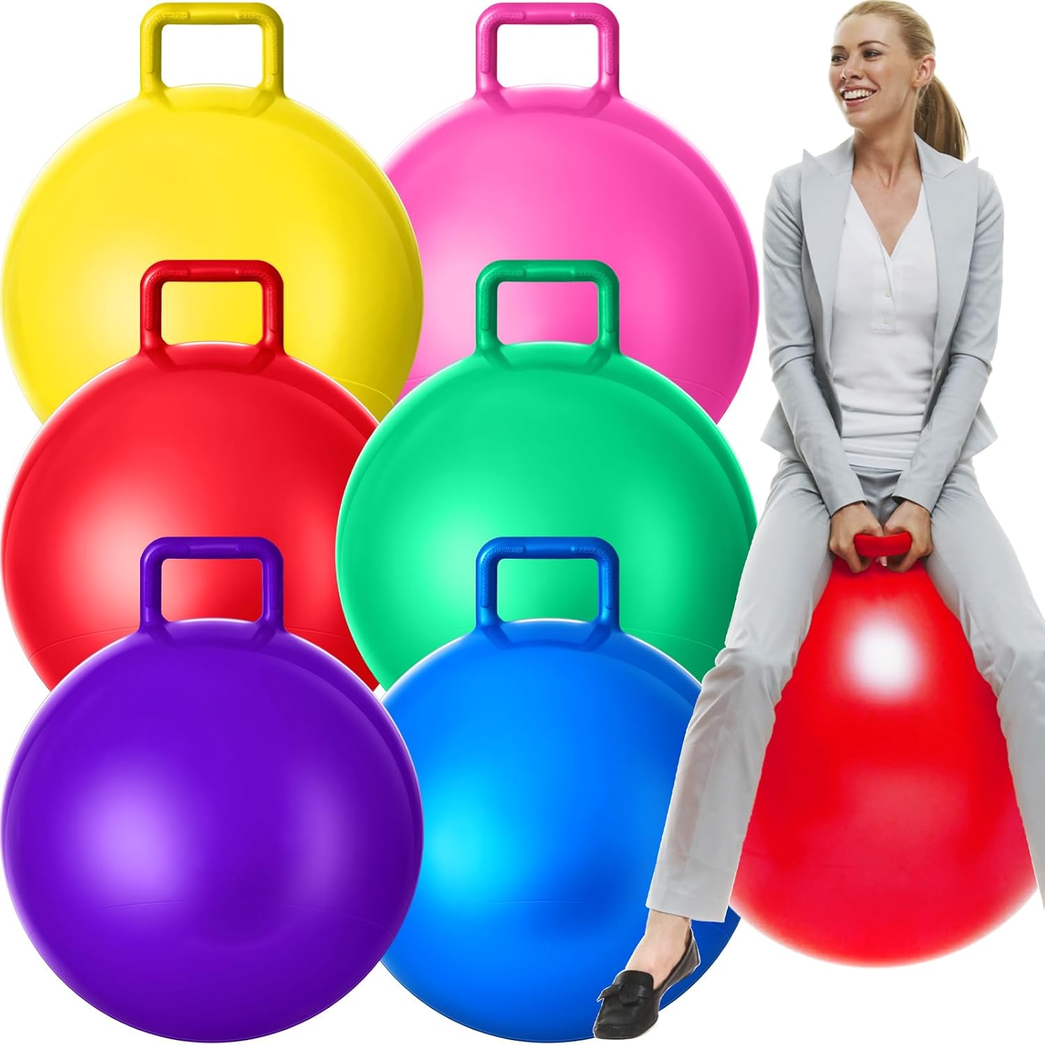 Lewtemi 6 Pcs Hopper Ball Carnival Outdoor Games 20 Inch Jumping Hopping Inflatable Bouncing Ball with Handle and Air Pump for Kids Sport Exercise (Red, Blue, Green, Pink, Yellow, Purple) - Image 11